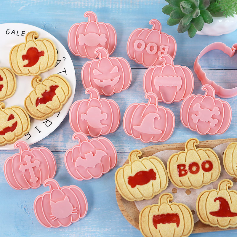 Kitchen Baking Cookies - ชุดแม่พิมพ์คุกกี้สอดไส้แยมฮาโลวีน 10 ชิ้น รูปฟักทองและค้างคาว เหมาะสำหรับทำขนมฮาโลวีนสุดหลอน