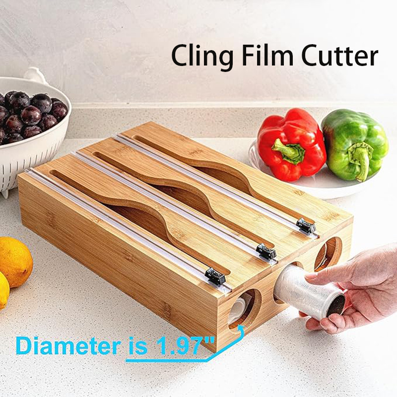 Kitchen Baking Tray Storage - กล่องตัดฟิล์มถนอมอาหารแบบ 3 in 1 ทำจากไม้ไผ่ พร้อมที่เก็บติดผนัง