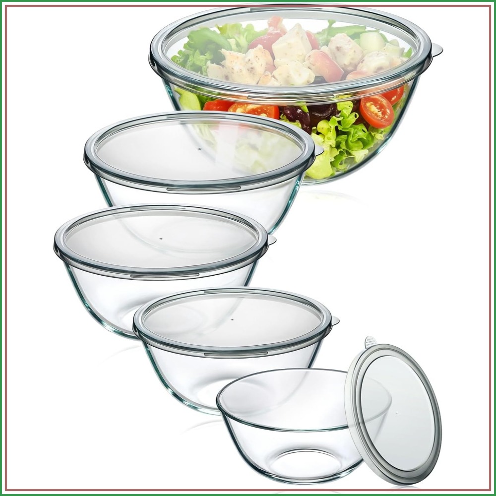 Kitchen Glass Baking Set - ชุดชามแก้วผสมอาหารพร้อมฝาปิด 5 ใบ ชามแก้วหนาสำหรับทำอาหาร อบ ขนม