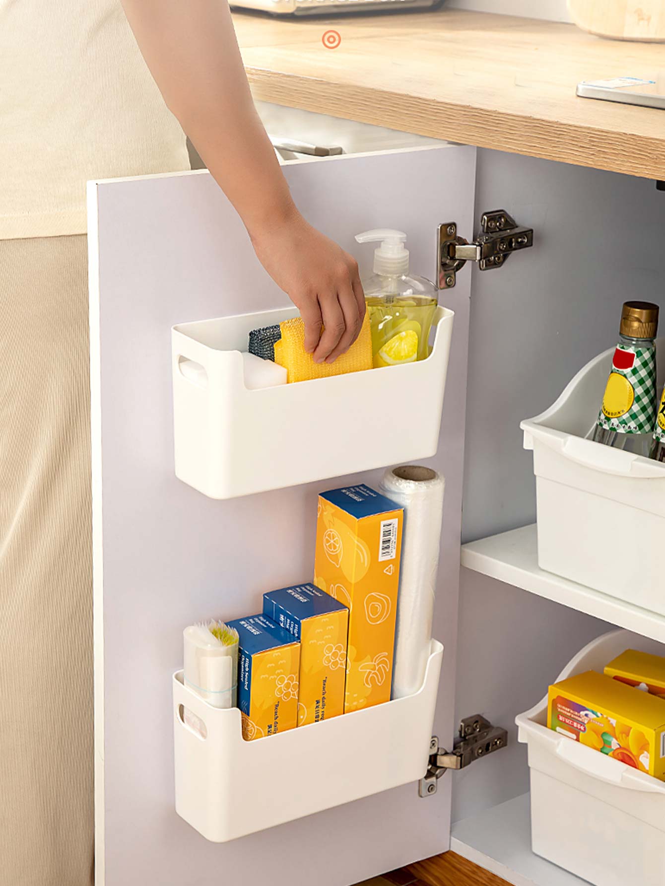 Kitchen Zo - กล่องเก็บของติดผนังแบบไม่ต้องเจาะ สำหรับจัดระเบียบประตูตู้ วัสดุพลาสติก ที่เก็บฟองน้ำ จัดเก็บของในครัว สำหรับฟิล์มถนอมอาหาร