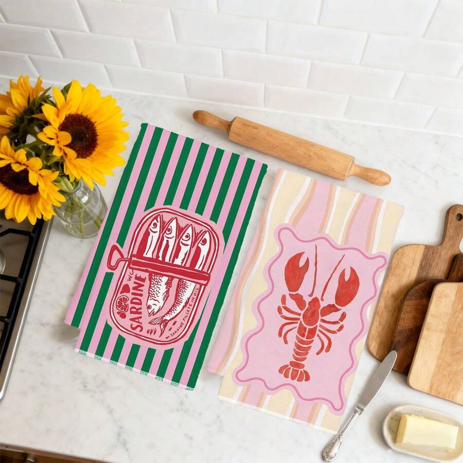 ผ้าเช็ดครัวลายกุ้งและปลาสีชมพู - Kitchen Baking Must Haves บทวิจารณ์และราคา